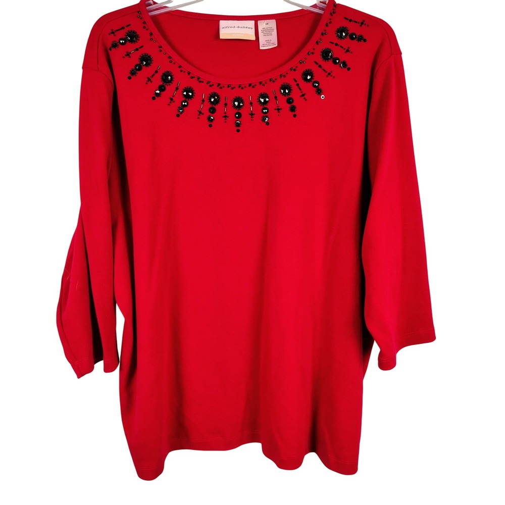 Alfred Dunner Womens 2X Beaded Neckline Top Red Cotton Blend Grandma Core